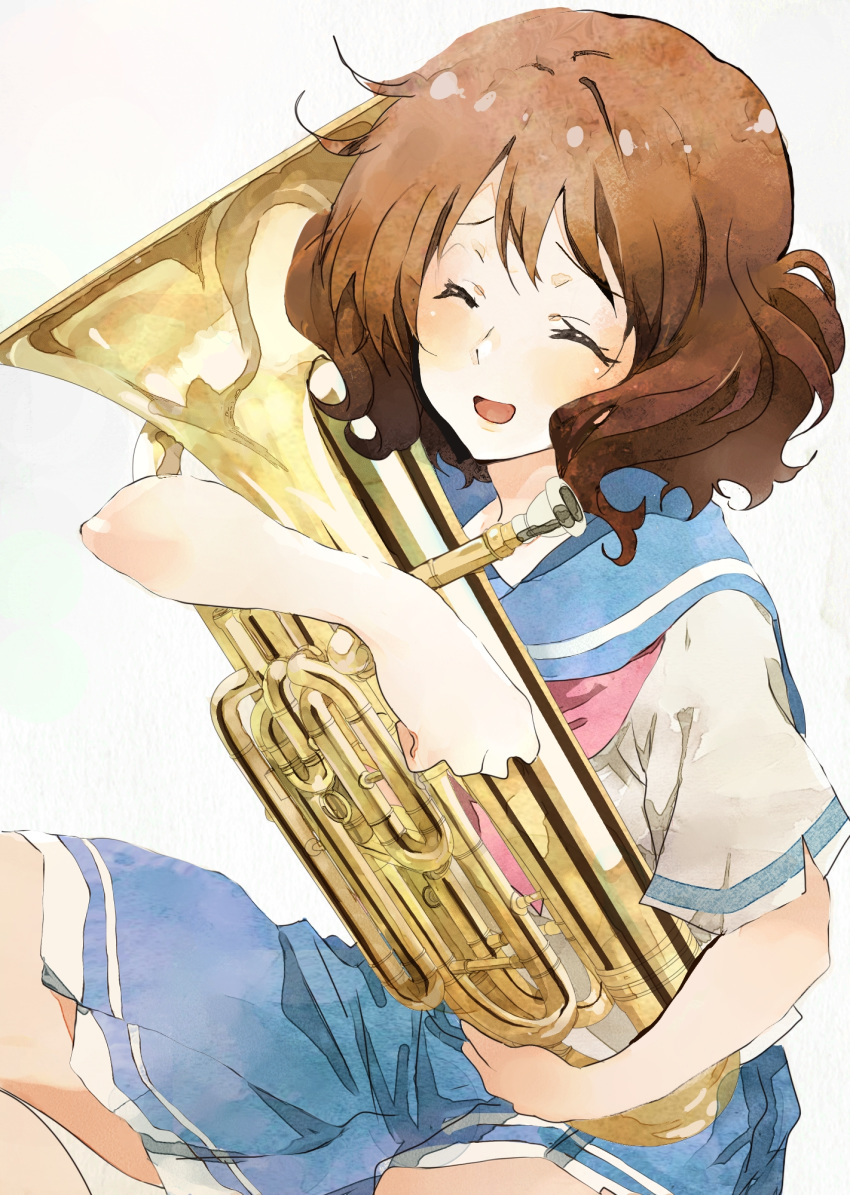 1girl big_hair blue_skirt brown_hair closed_eyes euphonium hibike!_euphonium highres holding holding_instrument instrument kataru_(ubw-emiya) kitauji_high_school_uniform open_mouth oumae_kumiko pink_neckwear school_uniform serafuku short_hair short_sleeves sitting skirt solo