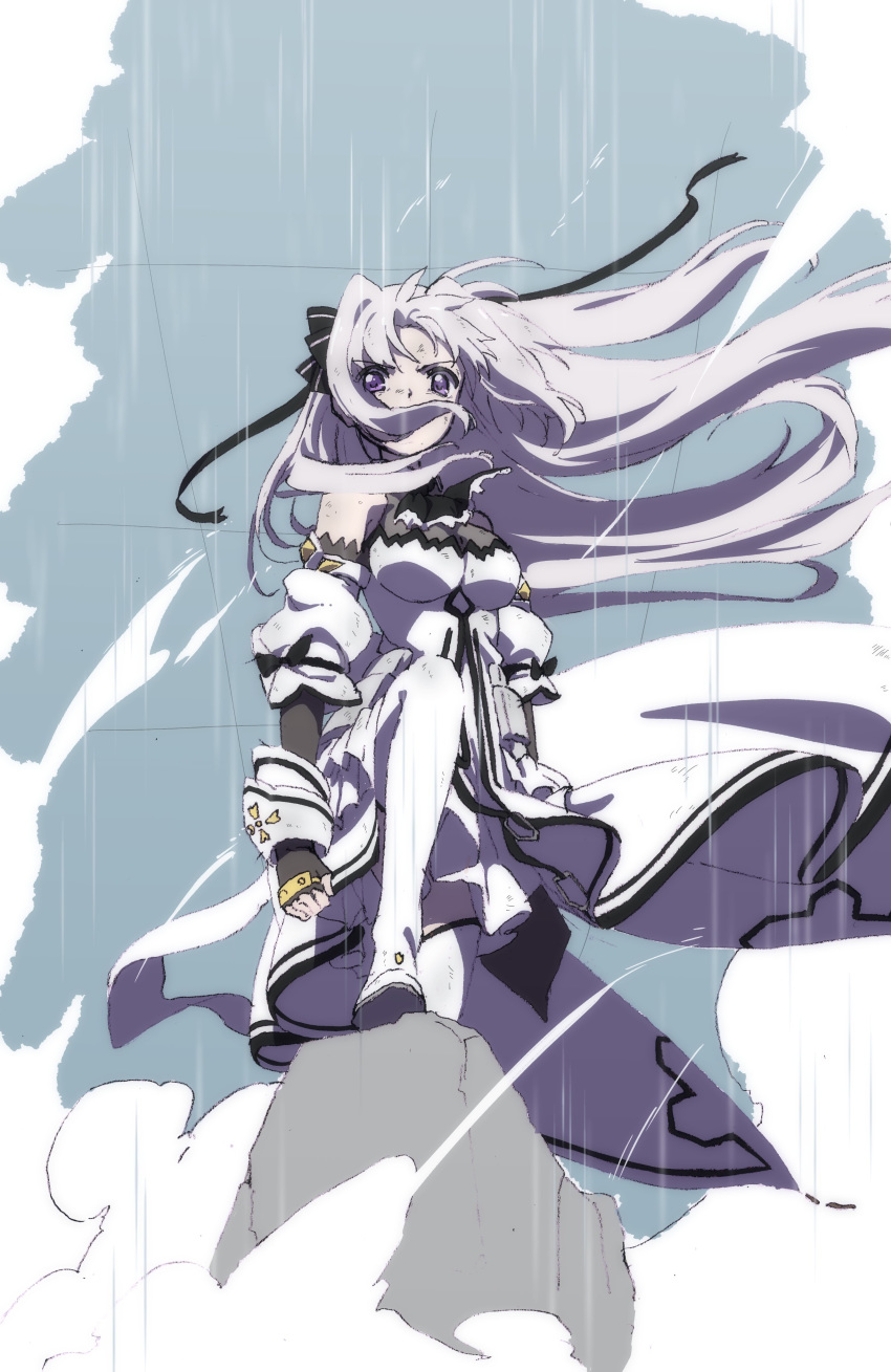 1girl absurdres black_border black_gloves boots border bow bracer breasts bygddd5 dress elbow_gloves fingerless_gloves foot_up full_body glaring gloves hair_bow highres long_hair lyrical_nanoha medium_breasts medium_dress purple_eyes rain rinne_berlinetta silver_hair sleeveless sleeveless_dress solo thigh_boots thighhighs vivid_strike! white_dress white_footwear wind