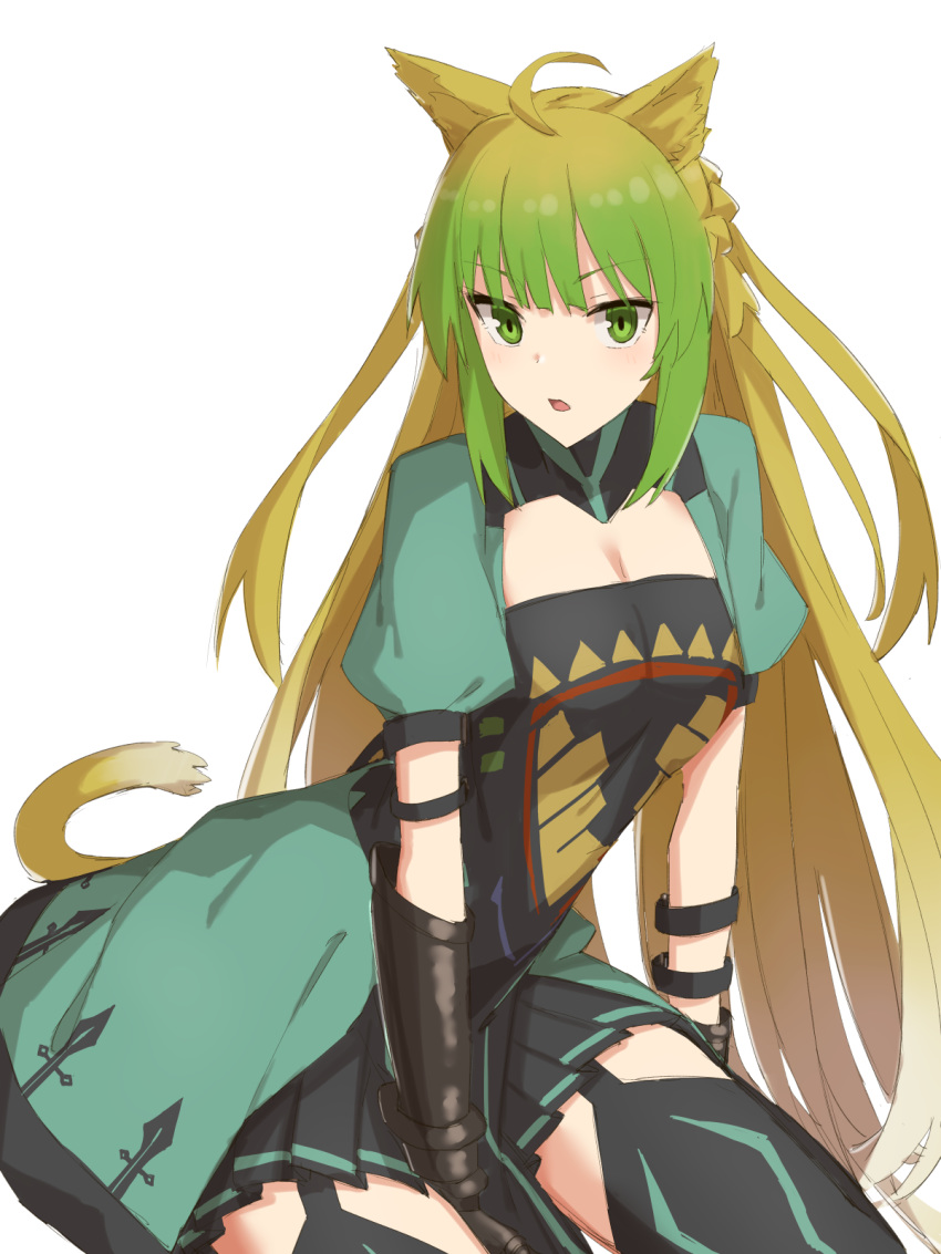 1girl ahoge animal_ears atalanta_(fate) bangs blonde_hair blush braid breasts cat_ears cat_tail collarbone commentary_request elfenlied22 eyebrows_visible_through_hair fate/apocrypha fate_(series) gloves gradient_hair green_eyes green_hair hair_between_eyes highres long_hair looking_at_viewer multicolored_hair open_mouth simple_background solo tail thighhighs two-tone_hair very_long_hair white_background