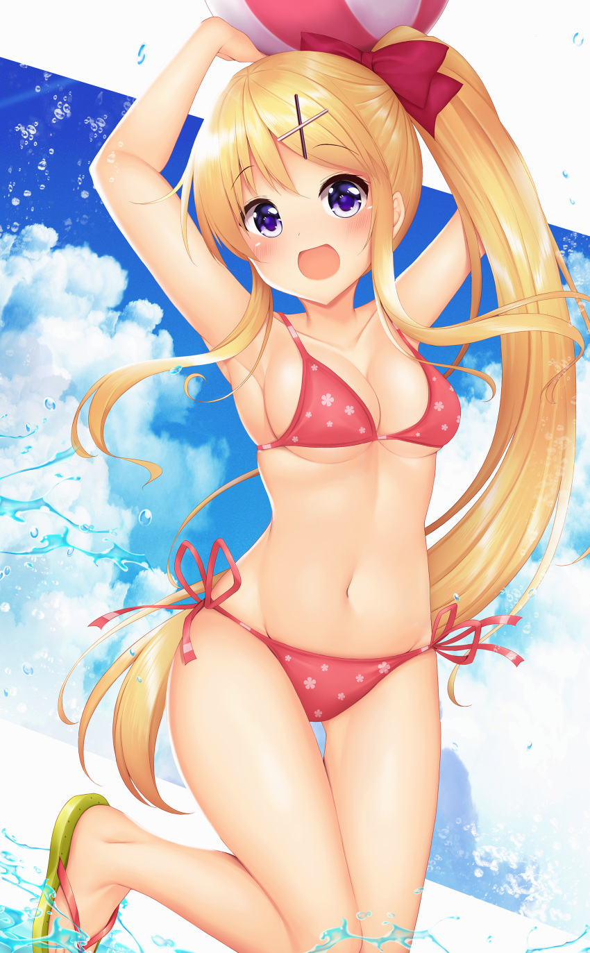 1girl :d absurdres arms_up ball bangs beachball bikini blonde_hair blush bow breasts cleavage cloud cloudy_sky eyebrows_visible_through_hair floral_print hair_ornament highres kin-iro_mosaic kujou_karen leg_up long_hair looking_at_viewer medium_breasts minato_(ojitan_gozaru) navel ocean open_mouth ponytail purple_eyes red_bikini red_bow sandals side-tie_bikini sidelocks sky smile solo string_bikini swept_bangs swimsuit very_long_hair wading water water_drop x_hair_ornament