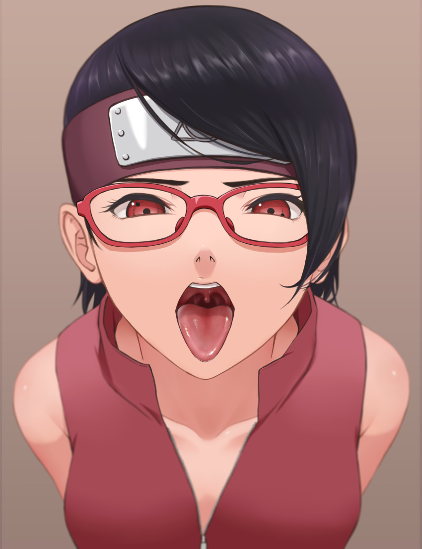 1girl absurdres bare_shoulders black_hair boruto:_naruto_next_generations breasts brown_background collarbone commentary_request from_above glasses highres looking_at_viewer miru_(wvjc7832) naruto naruto_(series) open_mouth oral_invitation red-framed_eyewear red_eyes sharingan short_hair simple_background small_breasts solo tongue tongue_out uchiha_sarada