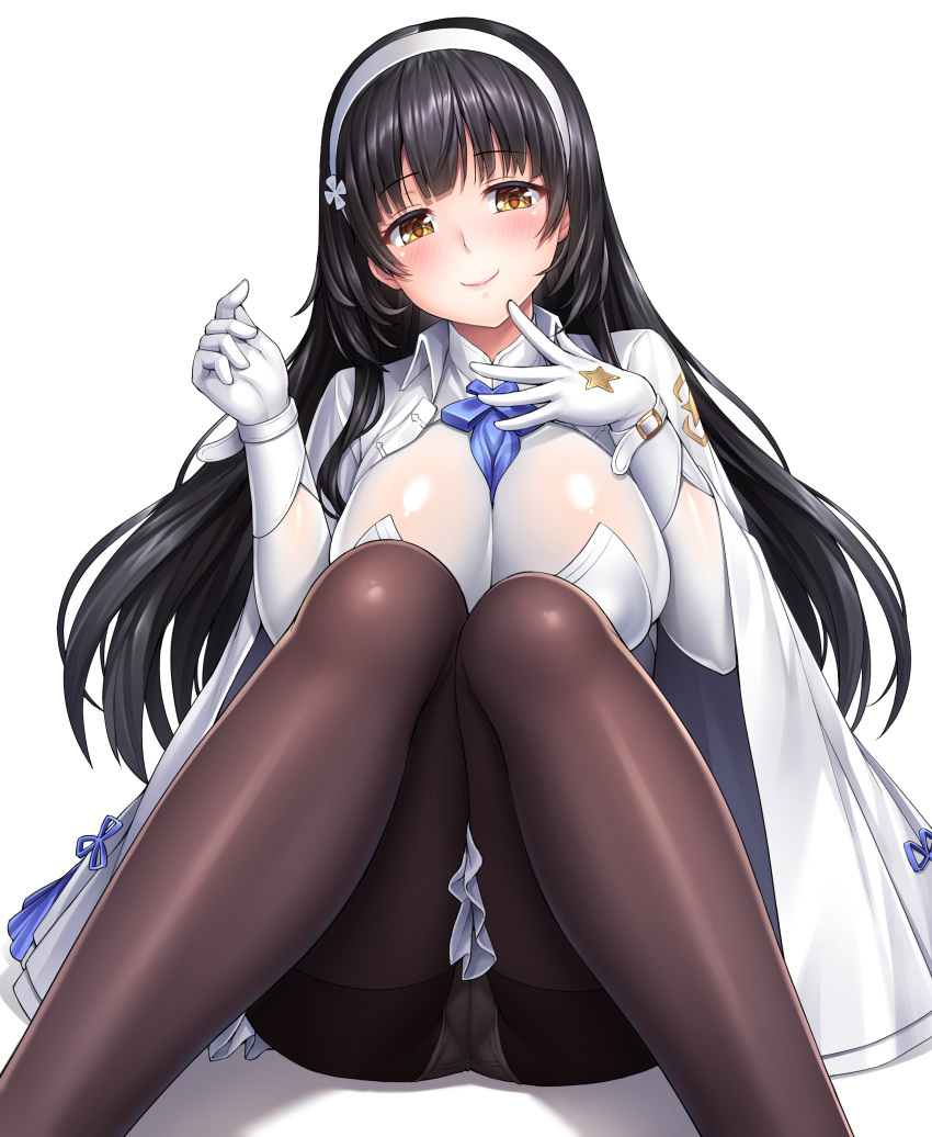 1girl absurdres bangs between_breasts black_hair blue_ribbon blunt_bangs blush breasts brown_legwear cleavage_cutout closed_mouth detached_sleeves eyebrows_visible_through_hair eyelashes fanbox_reward flower girls_frontline gloves hair_flower hair_ornament hairband halter_top halterneck hand_to_own_mouth hands_up highres jacket jacket_on_shoulders knees_together_feet_apart knees_up lambda_(kusowarota) large_breasts long_hair long_sleeves looking_at_viewer miniskirt open_clothes open_jacket paid_reward panties panties_under_pantyhose pantyhose pantyshot pantyshot_(sitting) pink_lips pleated_skirt qbz-95_(girls_frontline) ribbon shiny shiny_clothes shirt simple_background sitting skin_tight skirt sleeveless smile solo thighband_pantyhose turtleneck underwear upskirt white_background white_gloves white_hairband white_panties white_skirt yellow_eyes