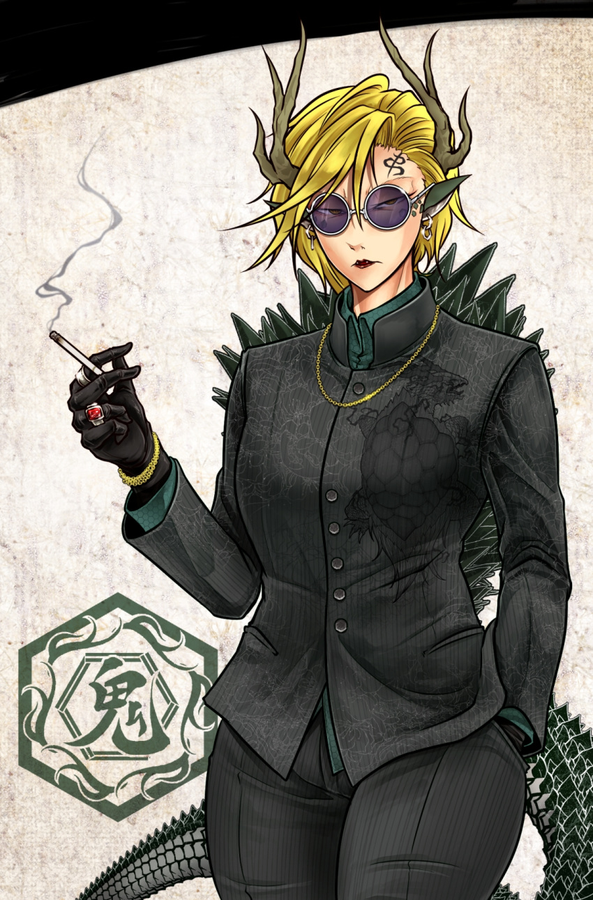1girl alternate_costume animal_ears animal_print antlers black_gloves black_pants black_suit blonde_hair bracelet cigarette commentary_request cowboy_shot dragon_ears dragon_girl dragon_tail ear_piercing earrings facial_mark forehead_mark forehead_tattoo formal glasses gloves gold_bracelet green_shirt hand_in_pocket highres jewelry kicchou_yachie lipstick looking_at_viewer mafia makeup necklace pants piercing pointy_ears ring ryuuichi_(f_dragon) serious shell shirt short_hair smoking solo spiked_shell spiked_tail suit sunglasses tail touhou turtle_print undershirt yellow_eyes