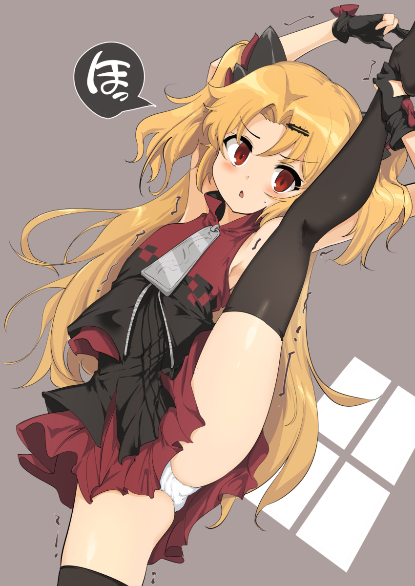 1girl :o akatsuki_uni arms_up bangs bare_shoulders black_dress black_gloves black_legwear blonde_hair blush dress emoji_censor eyebrows_visible_through_hair forehead gloves grey_background hair_ornament hairclip highres long_hair momio parted_bangs parted_lips partly_fingerless_gloves red_eyes red_shirt shirt sleeveless sleeveless_shirt solo split standing standing_on_one_leg standing_split thighhighs trembling two_side_up uni_channel v-shaped_eyebrows very_long_hair virtual_youtuber