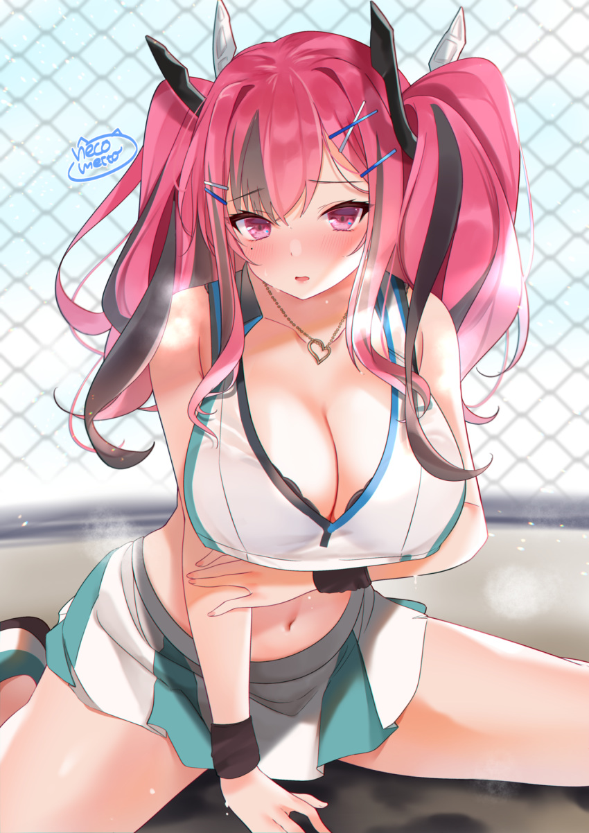 1girl artist_name azur_lane bangs bare_shoulders between_legs black_hair blue_sky blush breasts breath bremerton_(azur_lane) bremerton_(scorching-hot_training)_(azur_lane) chain-link_fence cleavage cloud collarbone commentary_request cowboy_shot crop_top crop_top_overhang day eyebrows_visible_through_hair eyelashes fence fingernails hair_between_eyes hair_ornament hairclip hand_between_legs heart heart_necklace highres huge_breasts large_breasts long_hair looking_at_viewer meito_harmren midriff mole mole_under_eye multicolored_hair nail_polish navel nipples nose_blush open_mouth outdoors pink_eyes pink_hair pink_nails shiny shiny_skin shirt sidelocks sitting skirt sky sleeveless sleeveless_shirt smile solo sportswear steam steaming_body stomach streaked_hair sunlight sweat tennis_uniform twintails two-tone_hair two-tone_skirt wariza white_shirt wristband