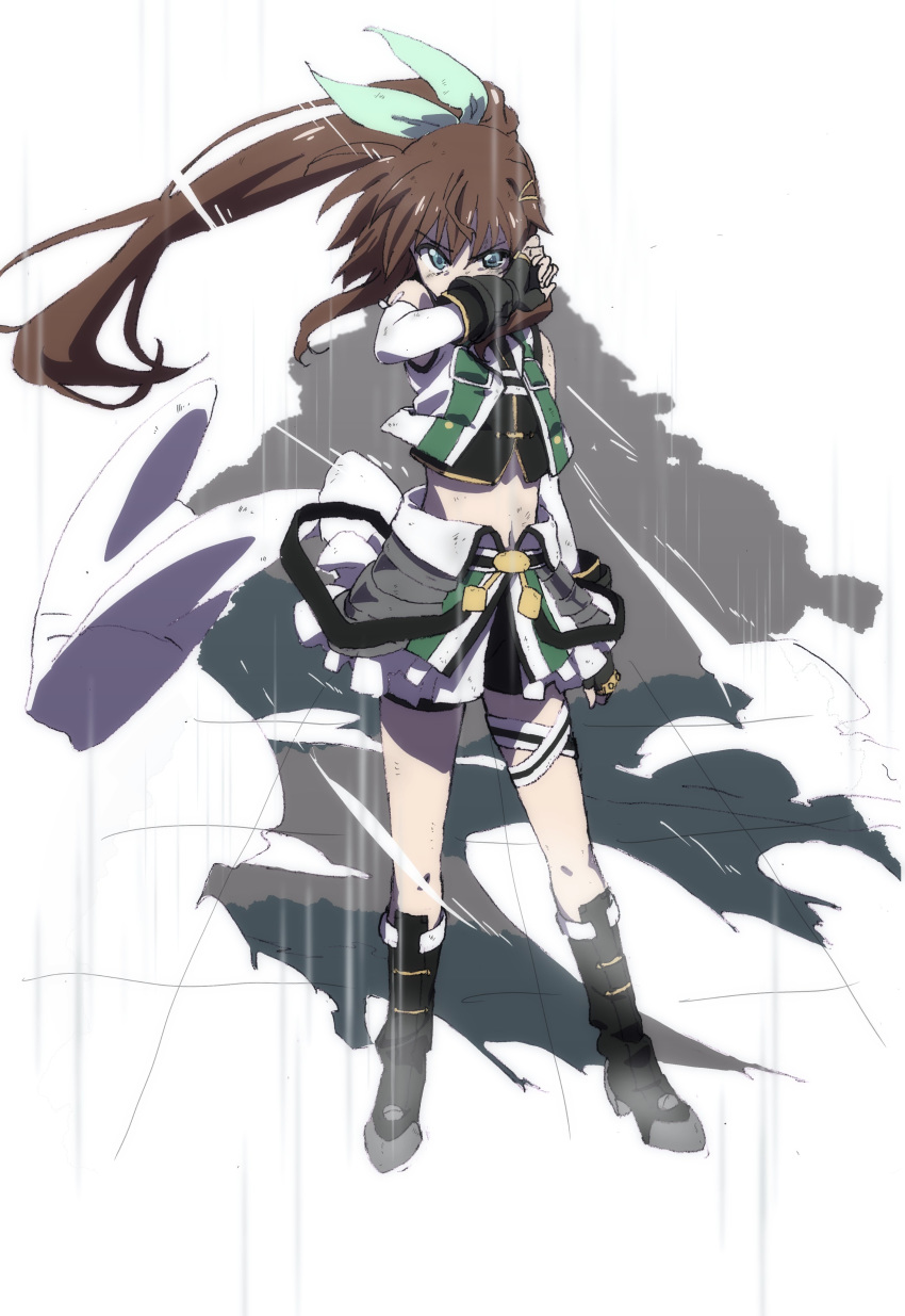 1girl absurdres bangs bike_shorts black_footwear black_gloves black_shirt black_shorts boots brown_hair bygddd5 fingerless_gloves full_body fuuka_reventon glaring gloves green_eyes green_jacket green_ribbon green_skirt hair_ribbon highres jacket long_hair looking_at_viewer lyrical_nanoha midriff navel overskirt ponytail rain ribbon shirt short_shorts shorts skirt sleeveless sleeveless_jacket solo standing thigh_strap vivid_strike! wind wiping_face