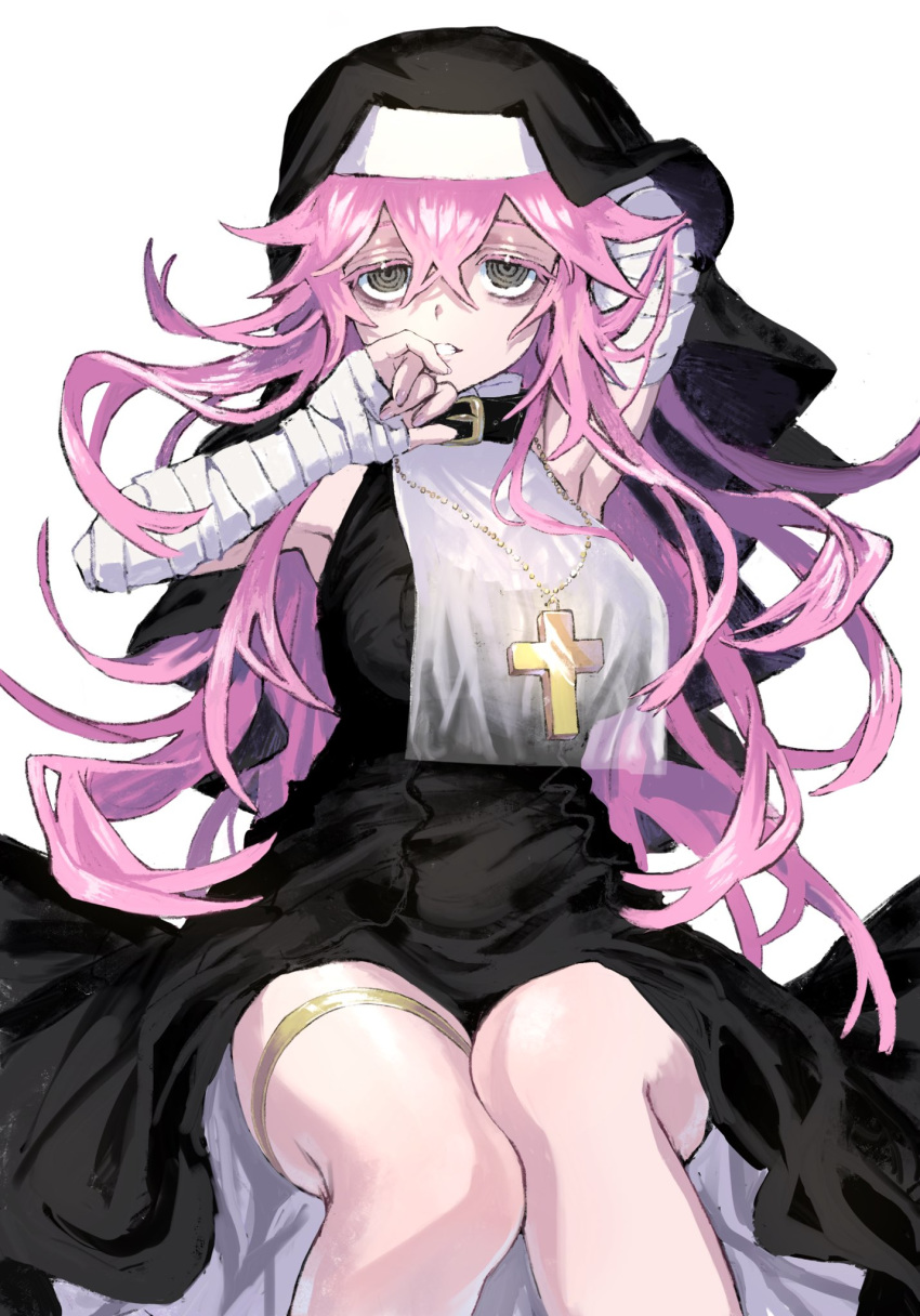 1girl @_@ bandages black_collar black_dress breasts collar cross cross_necklace dress garter_belt grey_eyes hair_between_eyes hand_on_own_face highres jewelry large_breasts long_hair necklace nun original pink_hair rabbit_monster sitting sleeveless sleeveless_dress solo veil white_background