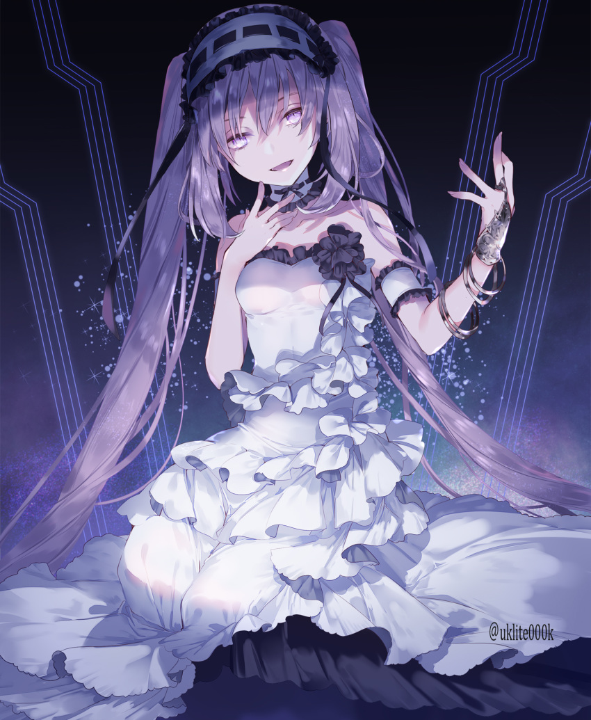 1girl :d bangle bangs bare_shoulders black_ribbon bracelet breasts bridal_gauntlets dress eyebrows_visible_through_hair fate/hollow_ataraxia fate_(series) frilled_dress frilled_hairband frills hair_between_eyes hairband hand_up head_tilt highres jewelry layered_dress long_hair looking_at_viewer open_mouth purple_eyes purple_hair ribbon single_bridal_gauntlet small_breasts smile solo stheno strapless strapless_dress twintails twitter_username very_long_hair white_dress white_hairband yuuki_kira