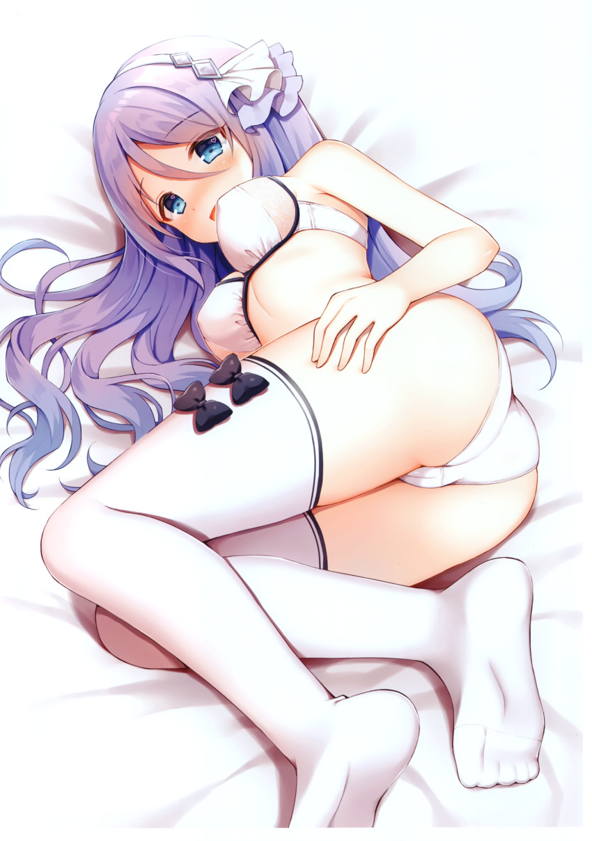 1girl :d absurdres ass bangs bare_arms bare_shoulders bed_sheet black_bow blue_eyes blush bow bra breasts eyebrows_visible_through_hair hair_between_eyes hair_ribbon hairband highres hoshino_shizuru long_hair looking_at_viewer lying mauve medium_breasts no_shoes on_side open_mouth panties princess_connect! princess_connect!_re:dive purple_hair ribbon scan smile soles solo thighhighs underwear underwear_only very_long_hair white_bra white_hairband white_legwear white_panties white_ribbon