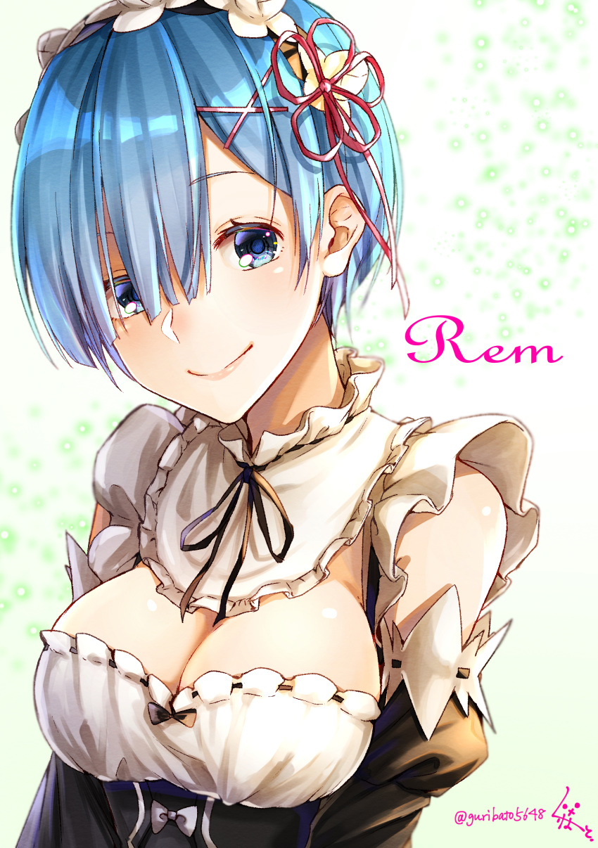 1girl absurdres bangs black_bow black_ribbon black_sleeves blue_eyes blue_hair bow breasts character_name cleavage closed_mouth detached_collar detached_sleeves flower guribato hair_flower hair_ornament hair_ribbon head_wreath highres looking_at_viewer medium_breasts neck_ribbon pink_ribbon re:zero_kara_hajimeru_isekai_seikatsu rem_(re:zero) ribbon ribbon-trimmed_sleeves ribbon_trim shiny shiny_hair short_hair simple_background smile solo twitter_username upper_body white_background white_bow white_flower x_hair_ornament