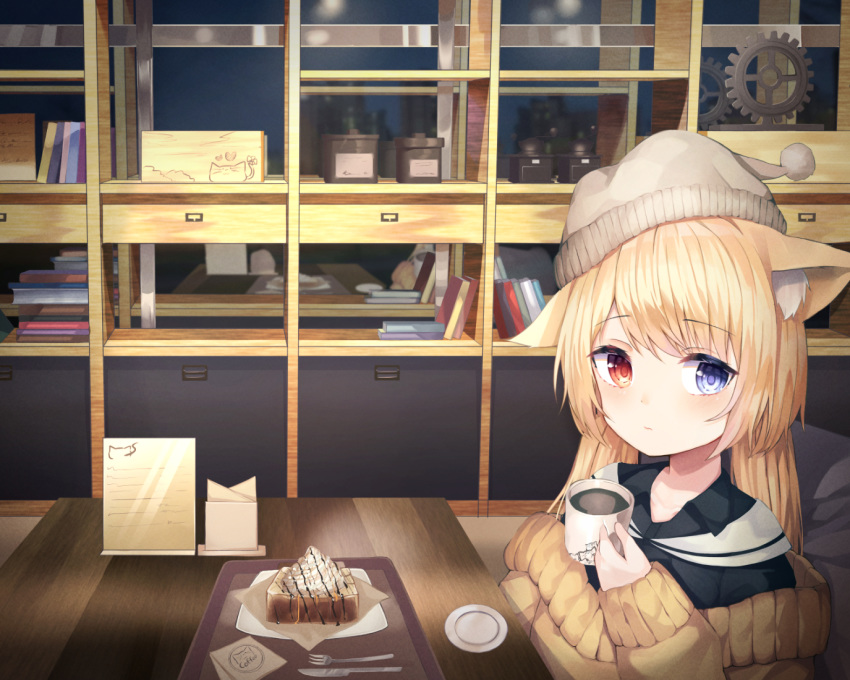 1girl animal_ear_fluff animal_ears arknights bangs beanie black_shirt blonde_hair blue_eyes brown_sweater cat_ears closed_mouth coffee collared_shirt commentary_request cup eyebrows_visible_through_hair food fork gears grey_headwear hat heart heterochromia holding holding_cup indoors knife long_hair long_sleeves looking_at_viewer mug nightmare_(arknights) off-shoulder_sweater off_shoulder red_eyes sailor_collar saucer shiro_(acad1213) shirt sitting sleeves_past_wrists solo sweater table tray upper_body white_sailor_collar