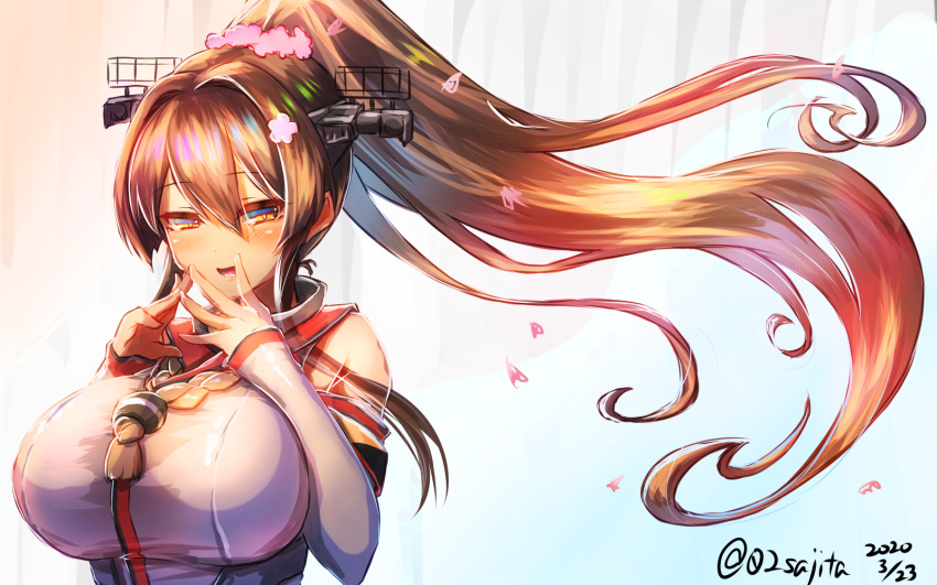 02sajita 1girl bangs bare_shoulders breasts brown_eyes brown_hair cherry_blossoms commentary_request detached_sleeves eyebrows_visible_through_hair falling_petals hair_between_eyes hair_ornament headgear high_ponytail highres kantai_collection large_breasts long_hair looking_at_viewer open_mouth shirt sidelocks smile solo white_background white_shirt yamato_(kantai_collection)