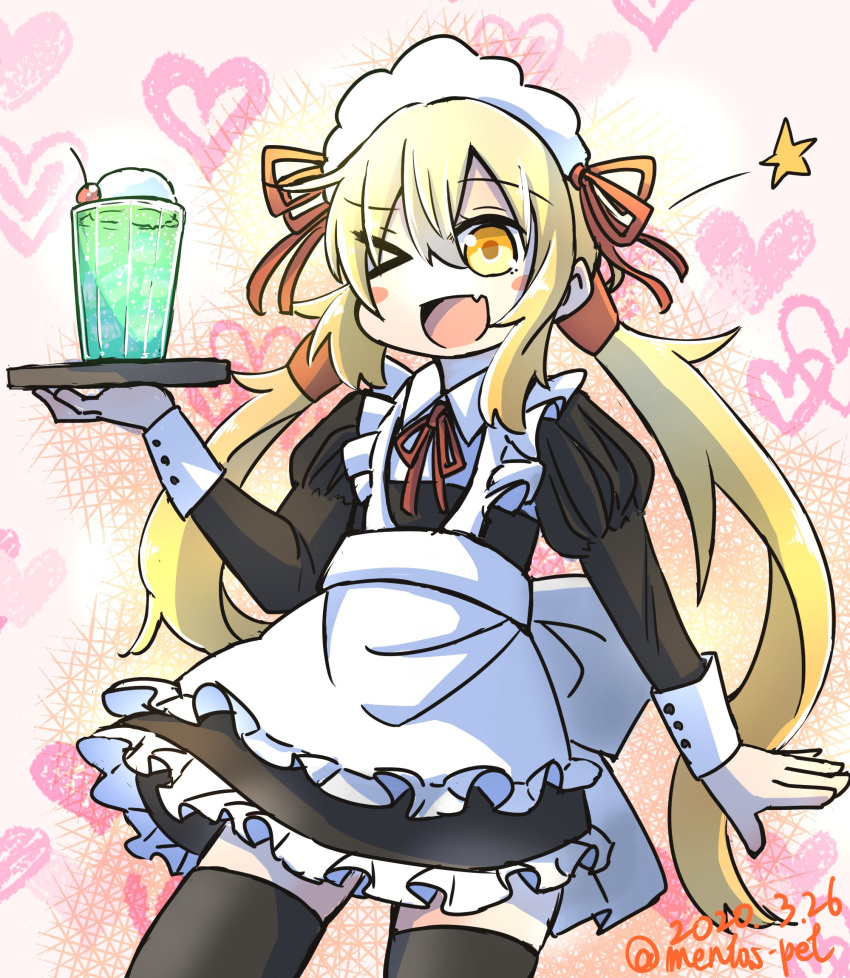 1girl alternate_costume aoba_(akibajun) apron black_dress black_legwear blonde_hair commentary_request cowboy_shot dated dress drink enmaided fang frilled_apron frilled_dress frills glass heart heart_background highres kantai_collection long_hair maid one_eye_closed open_mouth pink_background satsuki_(kantai_collection) skin_fang smile solo standing thighhighs tray twintails twitter_username waitress white_apron yellow_eyes