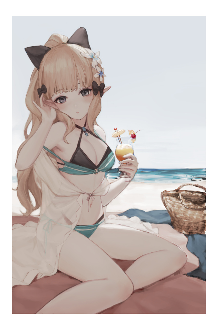 1girl absurdres anouetto bag bikini black_bikini black_bow blonde_hair blue_bikini blue_eyes bow breasts cocktail cocktail_umbrella flower hair_bow hair_flower hair_ornament highres layered_bikini o-ring o-ring_top ocean pointy_ears princess_connect! princess_connect!_re:dive sasaki_saren side-tie_bikini swimsuit towel