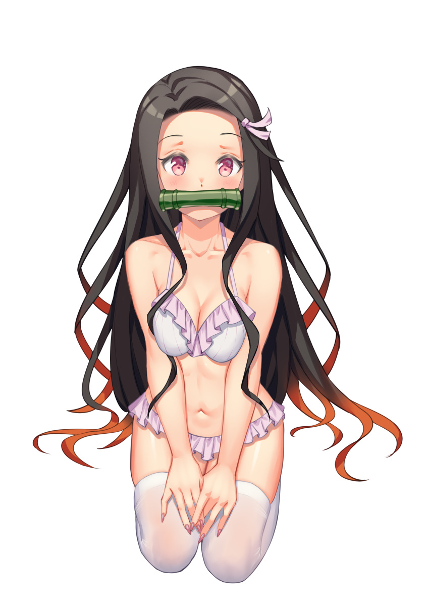 1girl absurdres bamboo bikini bit_gag black_hair forehead frilled_bikini frilled_bikini_bottom frilled_bikini_top frilled_swimsuit frills gag gagged highres kamado_nezuko kimetsu_no_yaiba konishi_(565112307) long_hair looking_at_viewer pink_eyes pink_nails pink_ribbon ribbon seiza sitting solo swimsuit thighhighs white_legwear