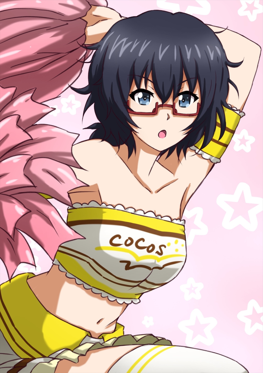 1girl alternate_costume arm_behind_head arm_up barefoot black_eyes black_hair cheerleader clothes_writing coco's commentary double_horizontal_stripe frilled_armband frilled_skirt frills girls_und_panzer glasses highres holding_pom_poms lace lace-trimmed_shirt leaning_forward logo looking_at_viewer medium_hair messy_hair miniskirt navel omachi_(slabco) oryou_(girls_und_panzer) pink_background red-framed_eyewear semi-rimless_eyewear shirt short_ponytail simple_background skirt solo star starry_background strapless thighhighs tubetop under-rim_eyewear white_background white_legwear white_shirt white_skirt