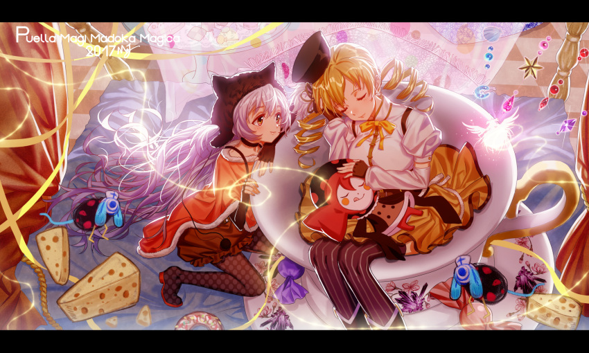 2017 2girls :p beret black_gloves black_headwear black_legwear black_skirt blonde_hair blush blush_stickers breasts bubble_skirt cake candy candy_wrapper capelet charlotte_(madoka_magica) checkered checkered_floor cheese closed_eyes closed_mouth commentary_request copyright_name cup curtains detached_sleeves doughnut drill_hair dual_persona eyelashes feet_out_of_frame fingerless_gloves fingernails flower food from_above full_body fur-trimmed_capelet fur_trim gloves glowing hair_between_eyes hair_flower hair_ornament hat high_collar highres impossible_clothes in_container in_cup kneeling lap_pillow large_breasts letterboxed light_particles light_smile lips lollipop long_hair looking_at_another macaron mahou_shoujo_madoka_magica mahou_shoujo_madoka_magica_movie majiang momoe_nagisa multiple_girls neck_ribbon oversized_object pantyhose pillow polka_dot polka_dot_legwear pom_pom_(clothes) puffy_short_sleeves puffy_sleeves pyotr_(madoka_magica) ribbon saucer shaded_face shell shiny shiny_hair short_sleeves skirt sleeping sleeping_on_person smile soul_gem striped striped_legwear sweets table teacup thighhighs tomoe_mami tongue tongue_out twin_drills ultimate_madoka very_long_hair white_hair wings witch_(madoka_magica) yellow_eyes yellow_ribbon yellow_skirt