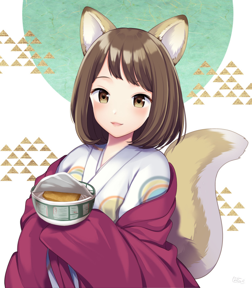 1girl animal_ears blush brown_eyes brown_hair commentary_request donbee_(food) food fox_ears fox_girl fox_tail highres lips long_hair long_sleeves looking_at_viewer miyano_ururu original parted_lips short_hair simple_background sleeves_past_fingers sleeves_past_wrists smile solo tail upper_body