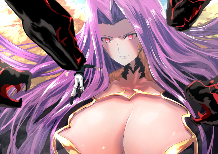 1boy 1girl black_footwear black_shirt breasts closed_mouth commentary_request fate/grand_order fate_(series) fujimaru_ritsuka_(male) giant giantess gorgon_(fate) highres huge_breasts large_breasts long_hair looking_at_another monster_girl orange_scarf pants pink_eyes purple_hair rider scales scarf shirt size_difference sky sleeves_rolled_up slit_pupils smirk snake snake_hair true_ether_chaldea_uniform uenoryoma very_long_hair white_pants