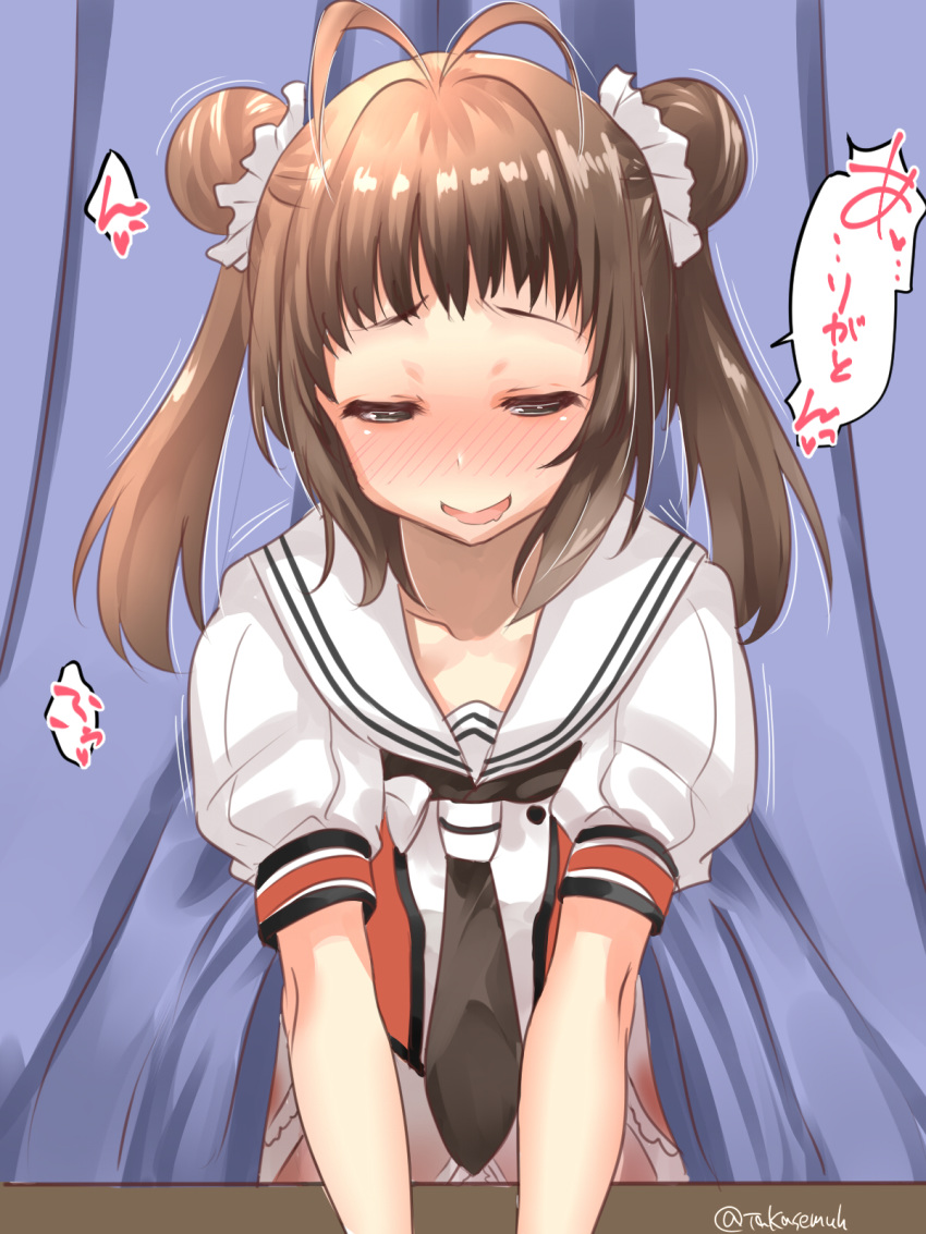 1girl black_neckwear blush brown_eyes brown_hair double_bun hair_ornament highres implied_sex kantai_collection long_hair looking_away naka_(kantai_collection) necktie open_mouth remodel_(kantai_collection) school_uniform see-through serafuku short_hair smile solo takase_muu