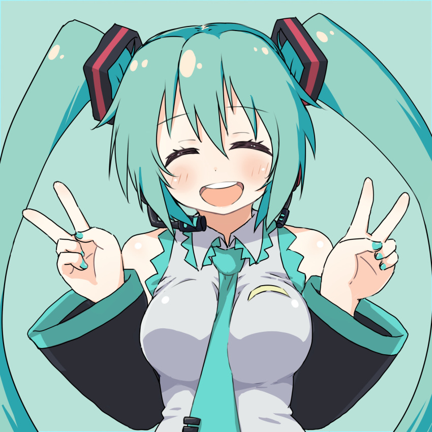 1girl aqua_hair aqua_neckwear between_breasts breasts closed_eyes commentary detached_sleeves double_v hatsune_miku headset highres long_hair nail_polish naitou_kouse necktie necktie_between_breasts simple_background solo twintails upper_body v very_long_hair vocaloid wide_sleeves