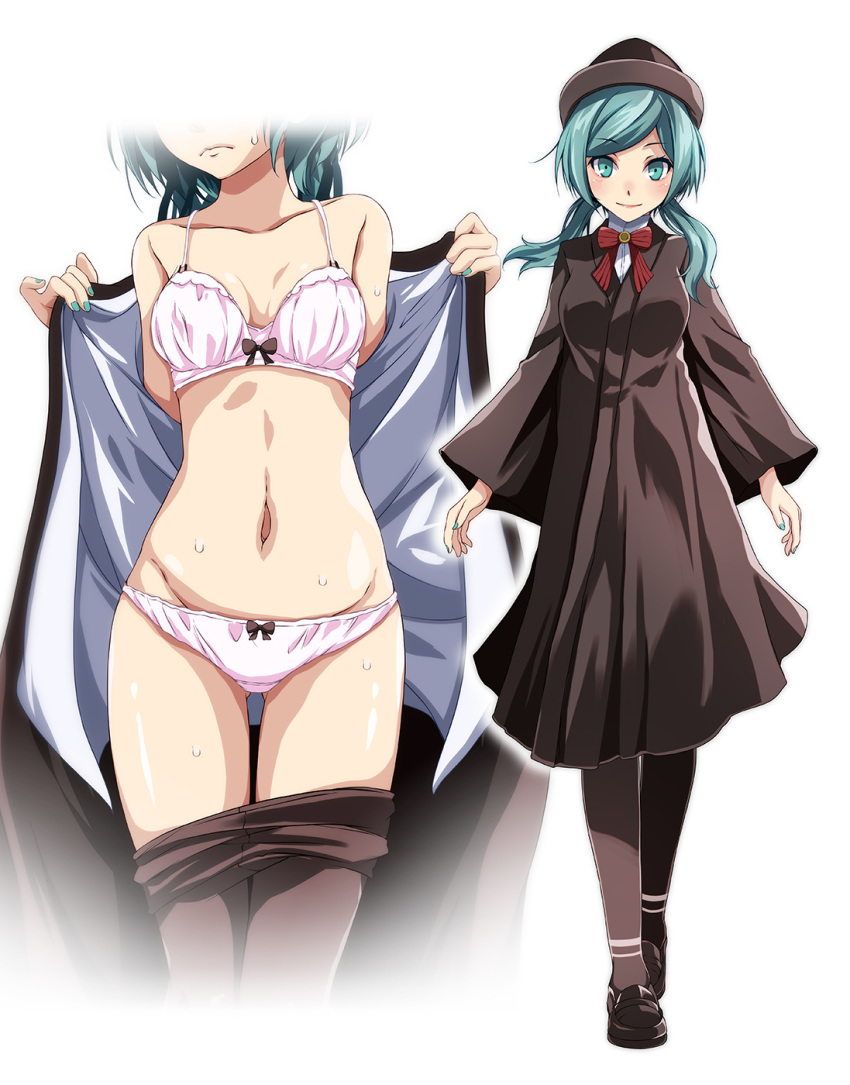 1girl bangs black_footwear black_legwear blue_eyes blue_hair blue_nails bow bowtie bra breasts brown_coat cleavage closed_mouth coat dress_shirt floating_hair full_body groin hatsune_miku highres loafers long_hair long_sleeves looking_at_viewer low_twintails medium_breasts nail_polish navel panties pantyhose pantyhose_pull red_bow red_neckwear ren'ai_saiban_(vocaloid) shiny shiny_hair shiny_skin shirt shoes simple_background smile solo standing sweat sweatdrop swept_bangs tsukishiro_saika twintails underwear underwear_only undressing vocaloid white_background white_bra white_panties white_shirt wide_sleeves