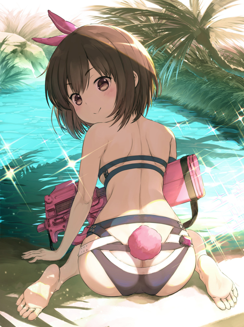 1girl animal_ears ass barefoot bikini blush brown_eyes brown_hair bullpup bunny_ears bunny_tail butt_crack closed_mouth ek_masato eyebrows_visible_through_hair feet from_behind gun highres llenn_(sao) looking_at_viewer looking_back p-chan_(p-90) p90 palm_tree short_hair sitting smile soles solo sparkle submachine_gun swimsuit sword_art_online sword_art_online_alternative:_gun_gale_online tail tree wariza water weapon