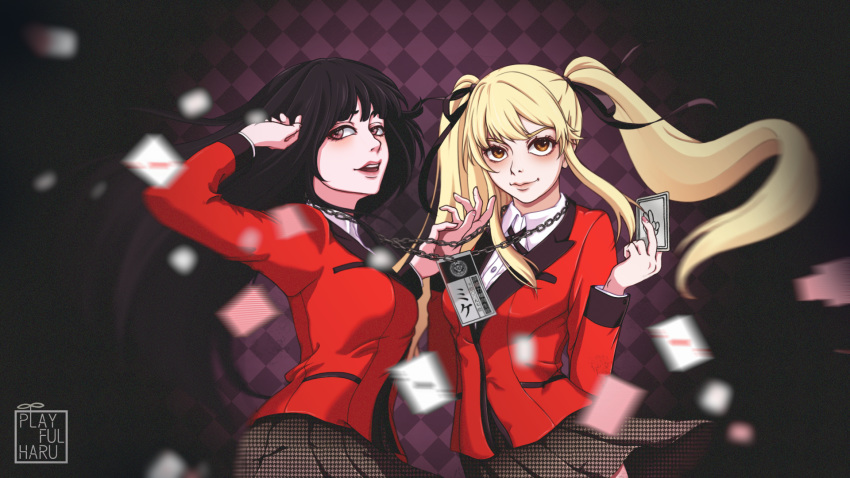 2girls artist_name bangs black_hair black_ribbon black_skirt blonde_hair blunt_bangs breasts brown_eyes card chain checkered checkered_background dress_shirt hair_between_eyes hair_ribbon highres hime_cut holding holding_card jabami_yumeko jacket kakegurui large_breasts long_hair long_sleeves looking_at_viewer miniskirt multiple_girls open_mouth playfulharu playing_card pleated_skirt print_skirt purple_background red_eyes red_jacket red_nails ribbon saotome_meari school_uniform shirt signature skirt smile twintails very_long_hair white_shirt