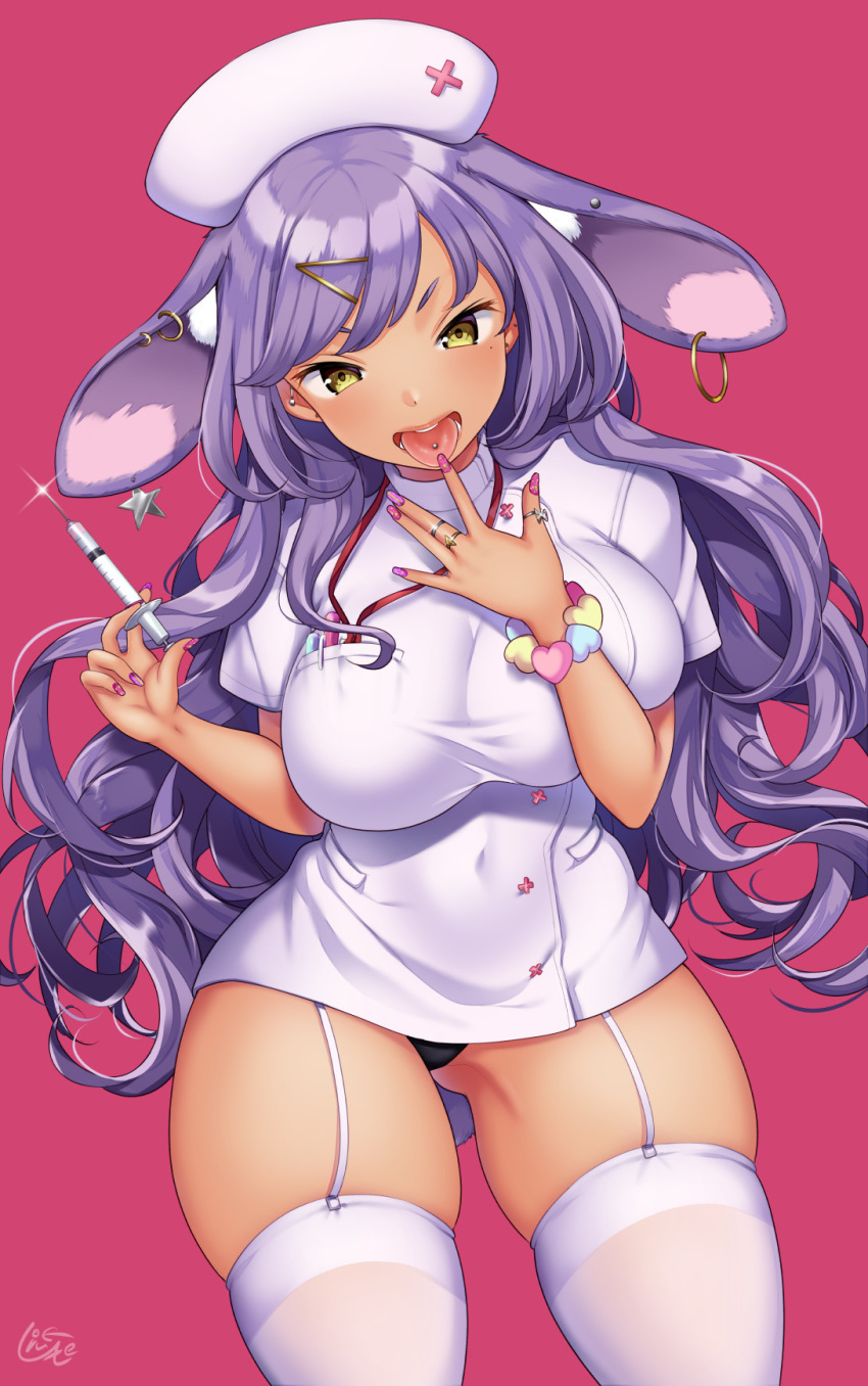 1girl animal_ear_fluff animal_ears ass_visible_through_thighs black_panties blush breasts bunny_ears bunny_tail commentary_request covered_navel dark_skin dress ear_piercing earrings garter_straps gyaru hat highres hoop_earrings jewelry kogal large_breasts lips long_hair looking_at_viewer miyano_ururu mole mole_under_eye nurse nurse_cap open_mouth original panties piercing purple_hair purple_nails red_background ring short_dress short_sleeves simple_background skindentation solo standing syringe tail thick_thighs thighhighs thighs thumb_ring tongue tongue_out tongue_piercing underwear white_dress white_garter_straps yellow_eyes