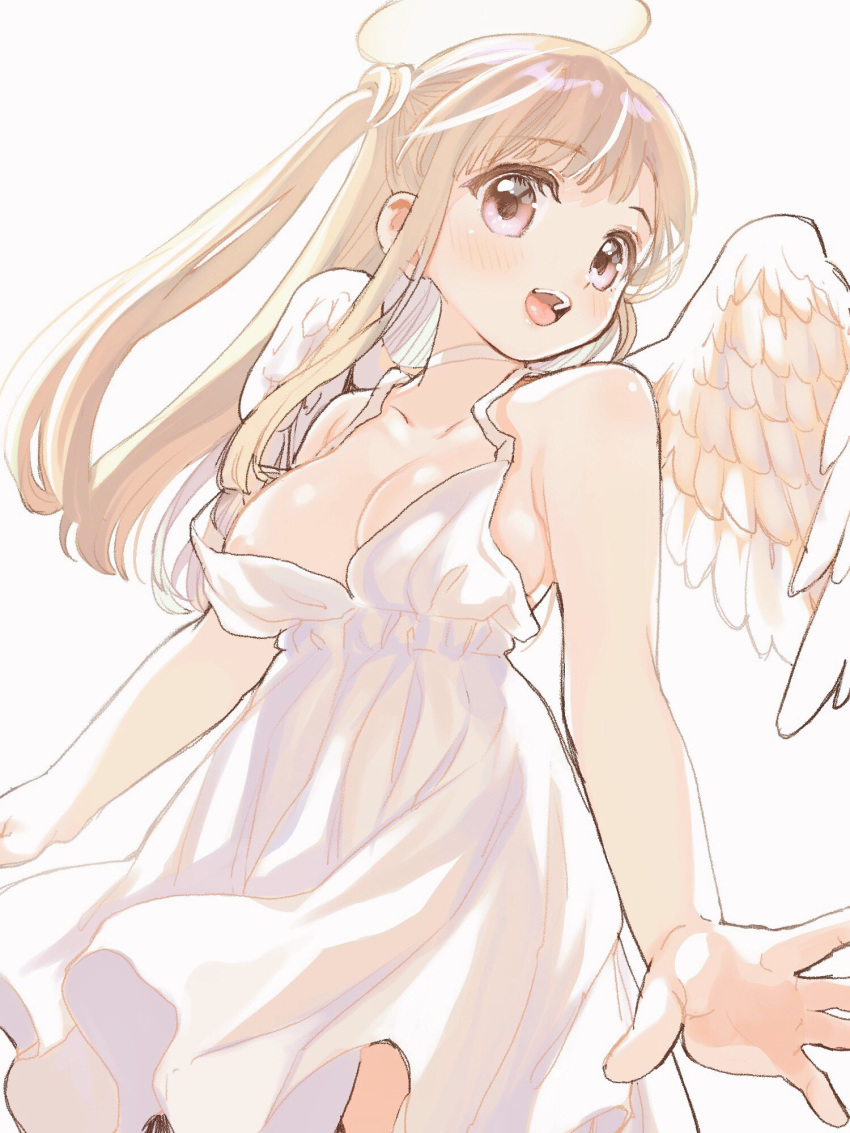 1girl :d amezawa_koma angel angel_wings areola_slip areolae bangs bare_arms bare_shoulders blush breasts choker cleavage collarbone commentary_request dress eyebrows_visible_through_hair feathered_wings grey_background halo highres light_brown_hair long_hair looking_at_viewer medium_breasts one_side_up open_mouth original pink_eyes simple_background sleeveless sleeveless_dress smile solo upper_teeth white_choker white_dress white_wings wings