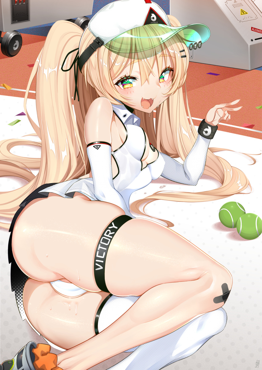 1girl ass azur_lane bache_(azur_lane) bache_(showy_sports_star)_(azur_lane) ball bare_shoulders black_legwear blonde_hair breasts detached_sleeves dress highres long_hair looking_at_viewer open_mouth panties rangsiwut_sangwatsharakul single_thighhigh smile solo sportswear tennis_ball tennis_uniform thigh_strap thighhighs twintails underwear very_long_hair visor_cap white_legwear white_panties