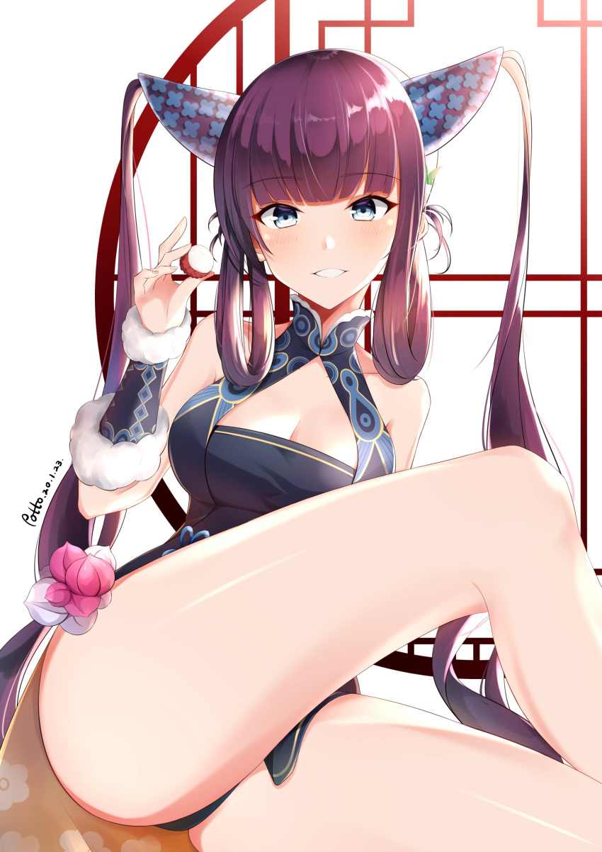 1girl absurdres bangs bare_shoulders black_dress blue_eyes blunt_bangs blush breasts china_dress chinese_clothes cleavage crossed_legs detached_sleeves dress fate/grand_order fate_(series) floral_print hair_ornament highres knee_up large_breasts leaf_hair_ornament long_hair looking_at_viewer lychee parted_lips potto_(pixiv14053022) purple_hair side_slit sidelocks smile thighs twintails very_long_hair white_background window yang_guifei_(fate/grand_order)