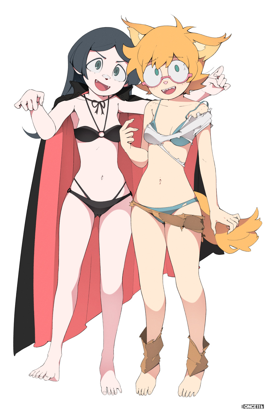 2girls absurdres animal_ears barbara_parker barefoot black_bra black_hair black_panties blue_bra blue_eyes blue_panties blush bra breasts cape cleavage collarbone eyebrows_visible_through_hair fangs freckles full_body glasses highres little_witch_academia long_hair looking_at_viewer lotte_jansson multiple_girls navel once_11h open_mouth orange_hair panties sharp_teeth short_hair simple_background small_breasts smile standing tail teeth torn_clothes underwear vampire werewolf white_background wolf_ears wolf_tail