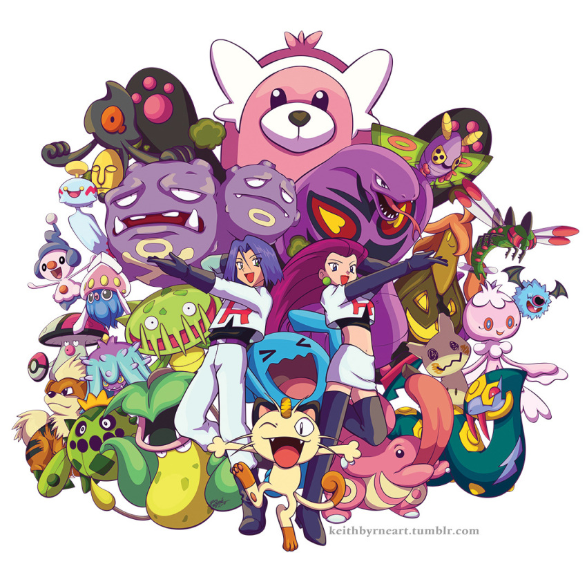 1boy 1girl :d amoonguss arbok bewear black_footwear black_gloves blue_hair cacnea carnivine cat chimecho commentary creature dustox english_commentary fangs floating flying frillish frillish_(female) gen_1_pokemon gen_2_pokemon gen_3_pokemon gen_4_pokemon gen_5_pokemon gen_6_pokemon gen_7_pokemon gloves gourgeist growlithe happy inkay keith_byrne kojirou_(pokemon) lickitung long_hair looking_at_viewer mareanie meowth midriff mime_jr. mimikyu musashi_(pokemon) navel open_mouth pokemon pokemon_(anime) pokemon_(creature) pose purple_hair seviper simple_background skirt smile team_rocket team_rocket_uniform tongue tongue_out tumblr_username uniform victreebel watermark web_address weezing white_background white_skirt wobbuffet woobat yamask yanmega