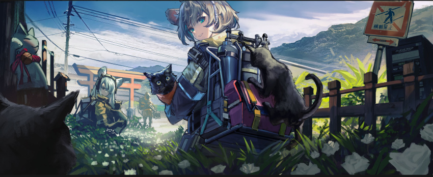 2girls animal_ears backpack bag birdhouse blue_eyes canister cat cloud cloudy_sky day directional_arrow doren fence flower gas_tank gloves grass grin headset highres holding holding_cat jacket looking_back maneki-neko mole mole_under_eye mountain multiple_cats multiple_girls original outdoors road_sign scenery short_hair sign silver_hair sky smile telephone_pole toolbox torii yellow_jacket
