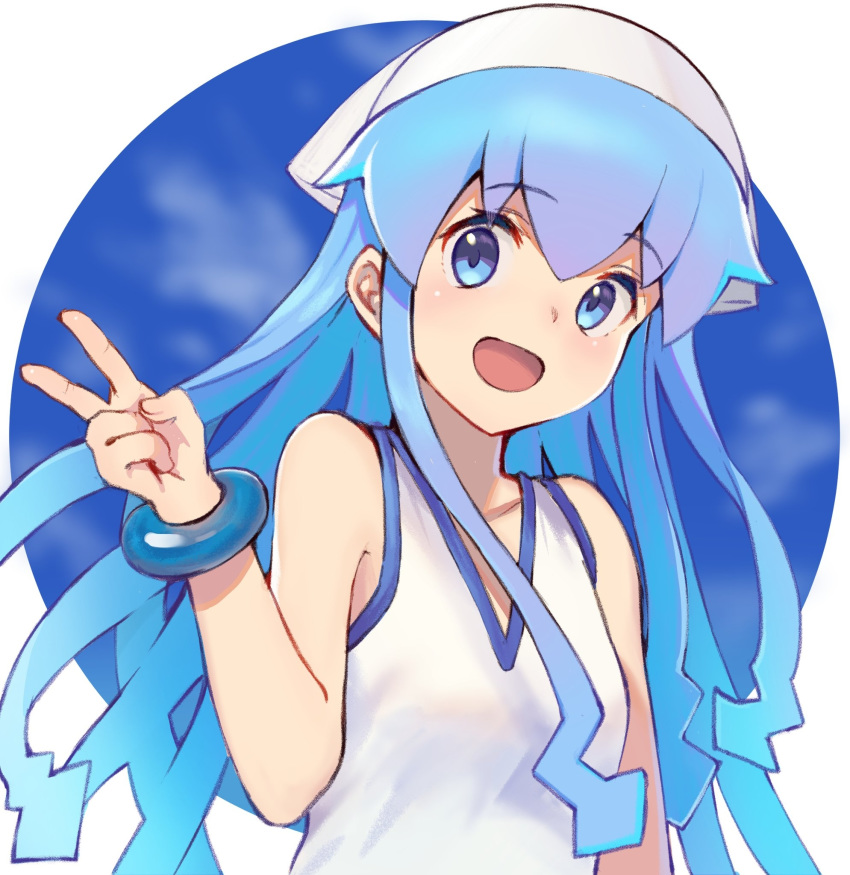 1girl :d bangs bare_shoulders blue_eyes blue_hair blush collarbone commentary dress eyebrows_visible_through_hair hair_between_eyes hand_up hat highres ikamusume long_hair looking_at_viewer open_mouth shinryaku!_ikamusume sleeveless sleeveless_dress smile solo squid_hat suketoudara_(artist) tentacle_hair v very_long_hair white_background white_dress white_headwear