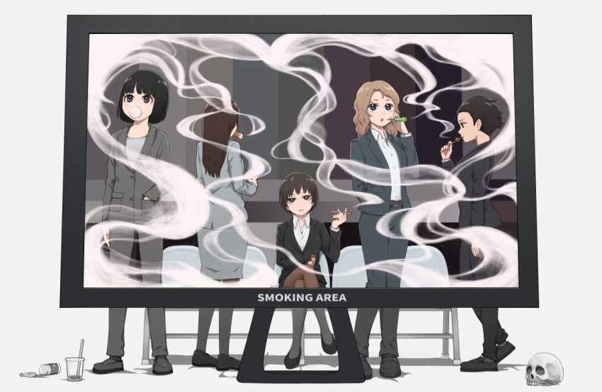 5girls black_eyes black_hair blonde_hair blue_eyes bob_cut brown_eyes brown_hair bubble_blowing chewing_gum chikuwa commentary_request english_text food formal hand_in_pocket long_hair multiple_girls office_lady original partial_commentary short_hair simple_background sitting skull smoke smoking suit very_short_hair yajirushi_(chanoma)