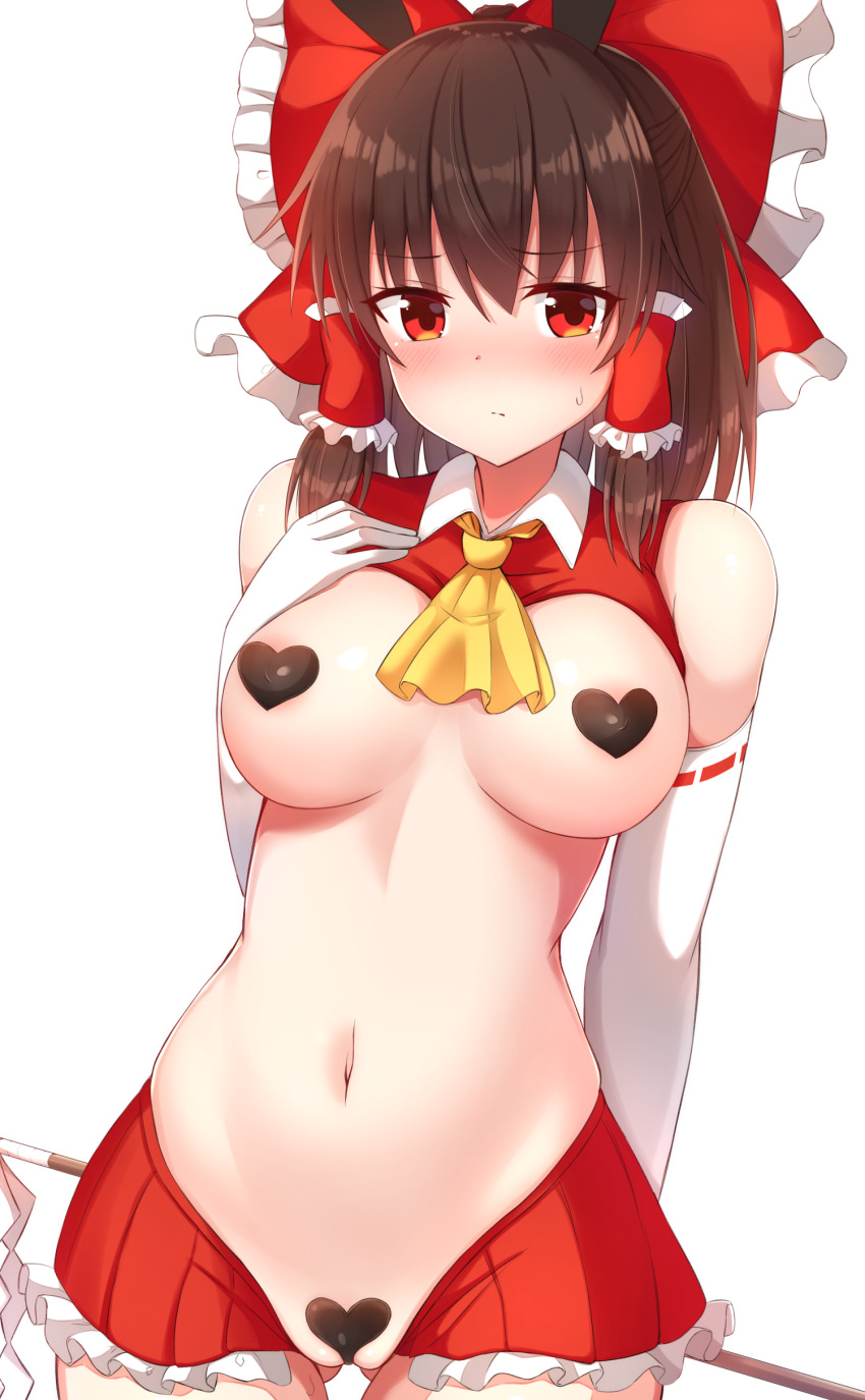 1girl absurdres ascot ass_visible_through_thighs bare_shoulders blush bow breasts brown_hair commentary_request cowboy_shot elbow_gloves gloves gohei hair_bow hair_tubes hakurei_reimu heart_pasties highres large_breasts long_hair looking_at_viewer miniskirt navel partially_visible_vulva pasties red_bow red_eyes red_skirt revealing_clothes reverse_bunnysuit reverse_outfit shide sidelocks simple_background skirt solo stomach sweat tksand touhou white_background white_gloves yellow_neckwear