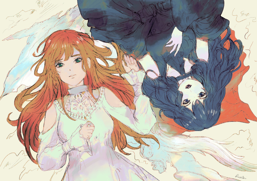 2girls bare_shoulders belt black_eyes black_hair black_lips dress final_fantasy final_fantasy_xiv fingernails gaia_(ff14) green_eyes highres long_hair long_sleeves lying multiple_girls on_back orange_hair parted_lips preyanan_suwanpramote ryne signature white_dress