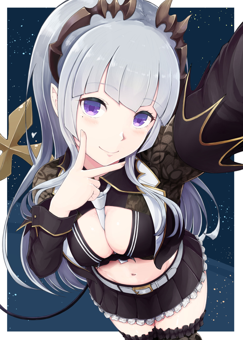 1girl absurdres arm_up bangs between_breasts black_legwear black_shirt black_skirt blush breasts cleavage closed_mouth commentary_request crop_top demon_girl demon_horns demon_tail eyebrows_visible_through_hair frilled_legwear frilled_skirt frills front-tie_top grey_hair hand_up highres honey_strap horns long_hair long_sleeves looking_at_viewer medium_breasts midriff mole mole_under_eye navel necktie necktie_between_breasts pleated_skirt purple_eyes reaching_out self_shot shirt skirt smile solo sougetsu_eli tail temari_rin thighhighs v_over_mouth very_long_hair virtual_youtuber white_neckwear