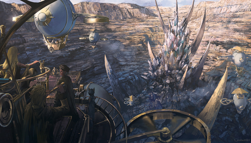 2boys 2girls aircraft airship blonde_hair blurry canyon cape depth_of_field desert dress elf fantasy from_behind hand_on_railing hat helm helmet hill landscape long_hair multiple_boys multiple_girls noba pixiv_fantasia pixiv_fantasia_age_of_starlight pointy_ears propeller railing scenery signature sitting spiked_hair telescope