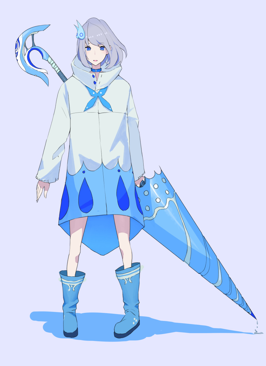 1girl absurdres blue_choker blue_eyes blue_footwear boots choker dripping eyebrows_visible_through_hair full_body grey_hair highres holding holding_lance lance lavender_background long_sleeves looking_at_viewer original panko_(drive_co) polearm rubber_boots shadow short_hair simple_background solo standing weapon