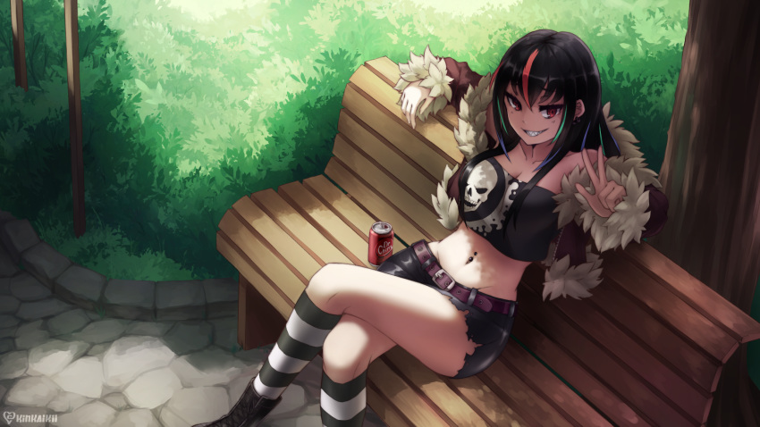 1girl bare_shoulders belt bench black_hair black_shirt black_shorts boots breasts can check_commentary cleavage collarbone commentary_request crop_top crossed_legs fur_trim grin highres jacket kintsao kneehighs long_hair looking_at_viewer medium_breasts midriff multicolored_hair navel navel_piercing open_clothes open_jacket original outdoors park_bench piercing red_eyes sharp_teeth shirt short_shorts shorts sitting skull_print smile soda_can solo stomach strapless_shirt streaked_hair striped striped_legwear teeth thighs torn_clothes torn_shorts w yankee