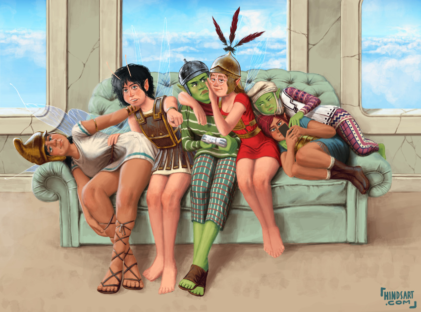 6+girls absurdres antennae axiaterraartunion black_hair blush breasts brown_hair cleavage cloud controller couch elf fairy fairy_wings greece greek_clothes highres hindsart history hoplite huge_filesize large_breasts leather light_smile looking_at_viewer lying_on_person metal military multiple_girls ogre original pointy_ears reclining rome short_hair sitting smile tunic wings yuri