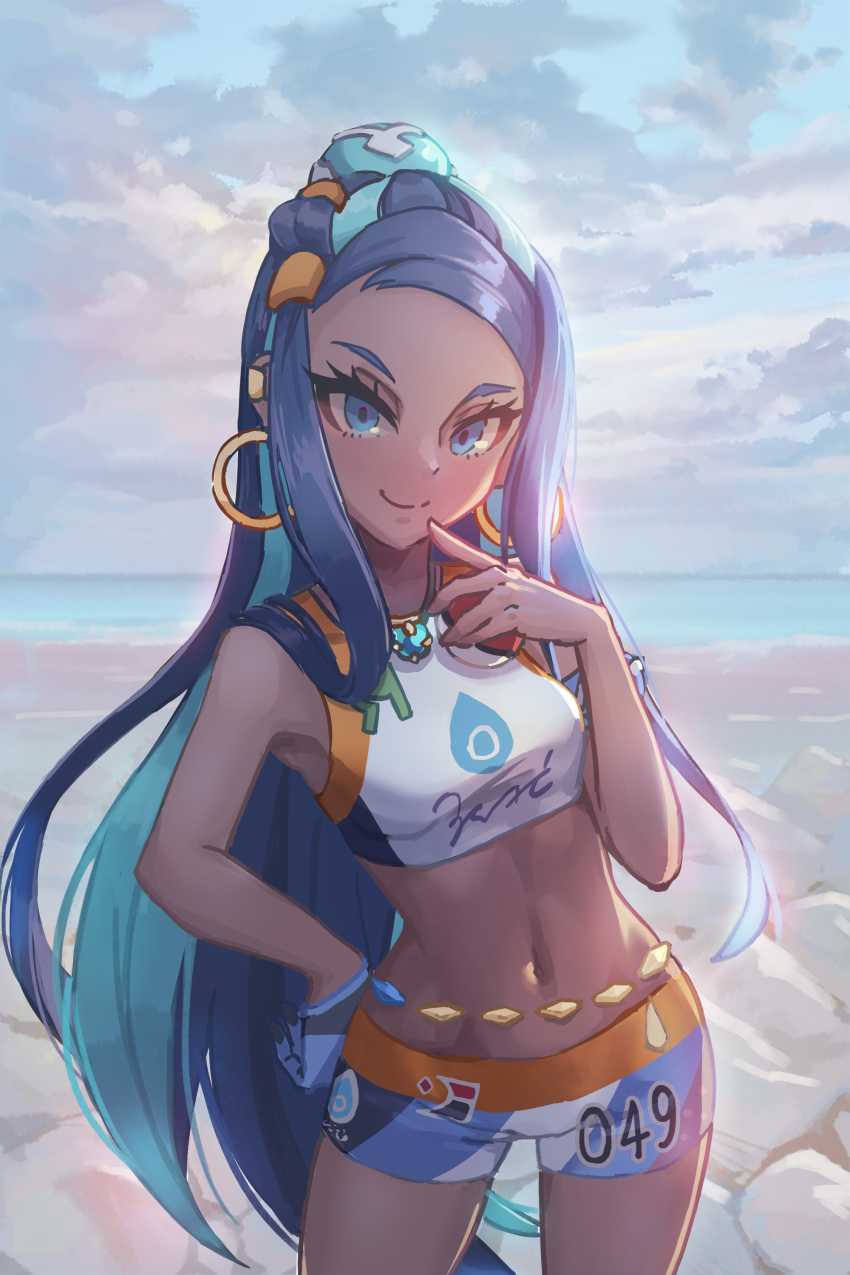 1girl absurdres aqua_hair armlet beach blue_eyes blue_hair cloud cloudy_sky commentary_request cowboy_shot dark_skin ear_piercing earrings gloves gym_leader hair_bun highres holding holding_poke_ball hoop_earrings index_finger_raised jewelry looking_at_viewer multicolored_hair navel necklace number outdoors piercing poke_ball poke_ball_(generic) pokemon pokemon_(game) pokemon_swsh rurina_(pokemon) samiou single_glove sky smile solo sportswear swimsuit tankini two-tone_hair