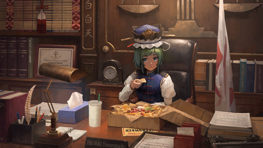 1girl absurdres bangs blue_eyes blue_headwear blue_vest book box chair character_name clock commentary desk_lamp diploma eating epaulettes eyebrows_visible_through_hair feathers food frilled_hat frills green_hair hat highres holding holding_food indoors juliet_sleeves lamp long_sleeves looking_at_viewer mikado_(winters) nachos puffy_sleeves ribbon shiki_eiki shirt short_hair sitting solo tissue tissue_box touhou upper_body vest white_shirt
