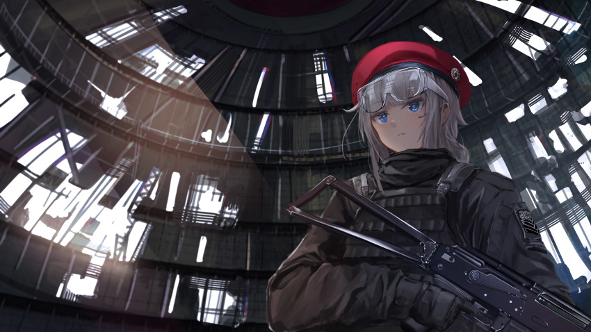 1girl :3 absurdres alternate_costume beret blue_eyes bulletproof_vest commentary_request dome from_below girls_frontline gloves gun hat highres long_hair nighttsound ots-12 ots-12_(girls_frontline) rifle ruins safety_glasses silver_hair solo star symbol-shaped_pupils tactical_clothes weapon