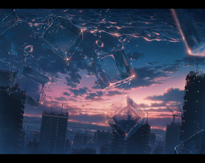 building city city_lights cityscape cloud cloudy_sky cola_(gotouryouta) commentary crane_(machine) dark dutch_angle highres horizon ice ice_cube letterboxed no_humans original scenery sky skyscraper sunrise surreal water