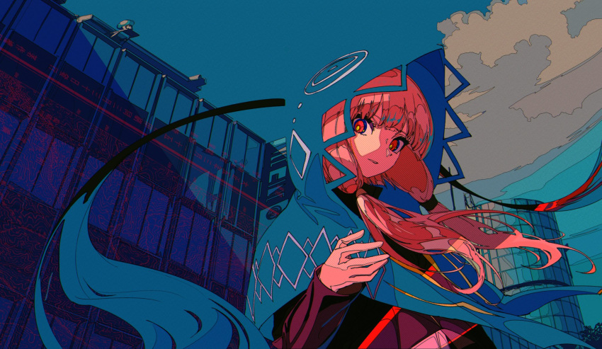 1girl bangs blending blunt_bangs building cloud cloudy_sky flat_color hand_up highres hood hood_up kaf kamitsubaki_studio kogecha_(coge_ch) ligne_claire long_hair long_sleeves looking_at_viewer low_twintails multicolored multicolored_eyes outdoors red_eyes red_hair sky solo twintails upper_body virtual_kaf virtual_youtuber