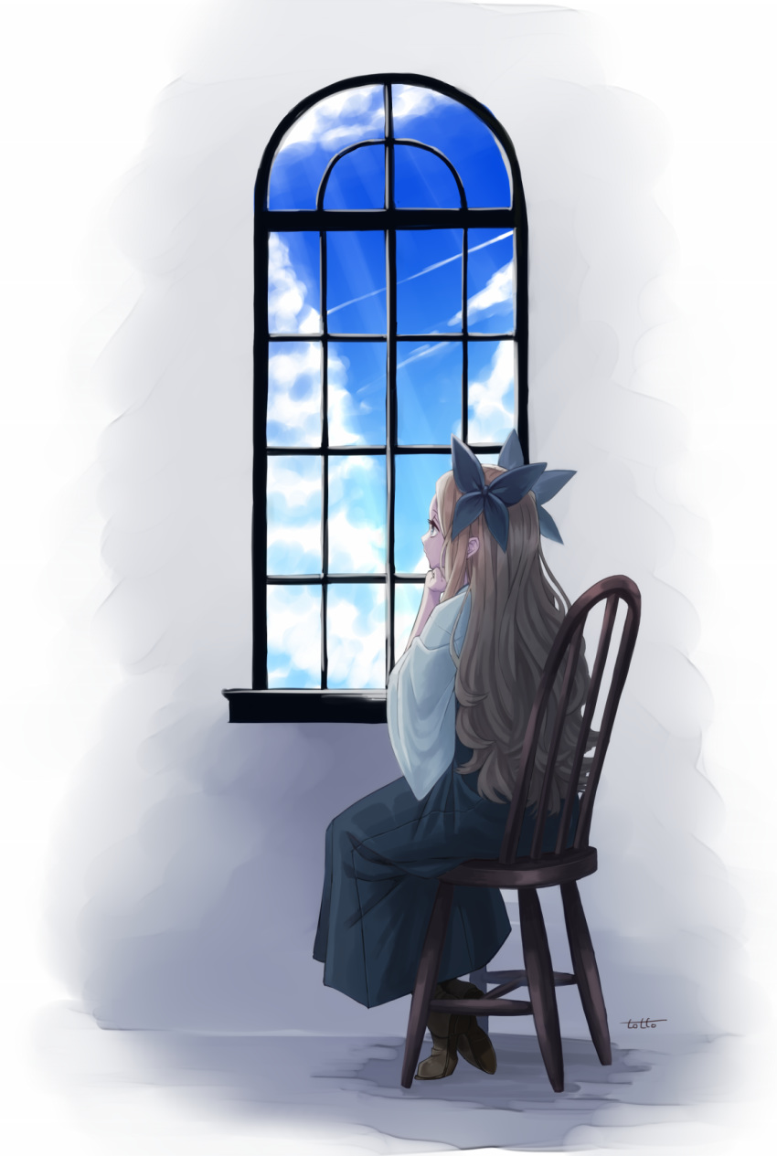 1girl artist_name asakaze_(kantai_collection) bangs blue_sky chair chin_rest cloud commentary_request day eyebrows_visible_through_hair highres indoors japanese_clothes kantai_collection light_brown_hair long_hair long_sleeves looking_at_another meiji_schoolgirl_uniform shoes simple_background sitting sky solo totto_(naka) window
